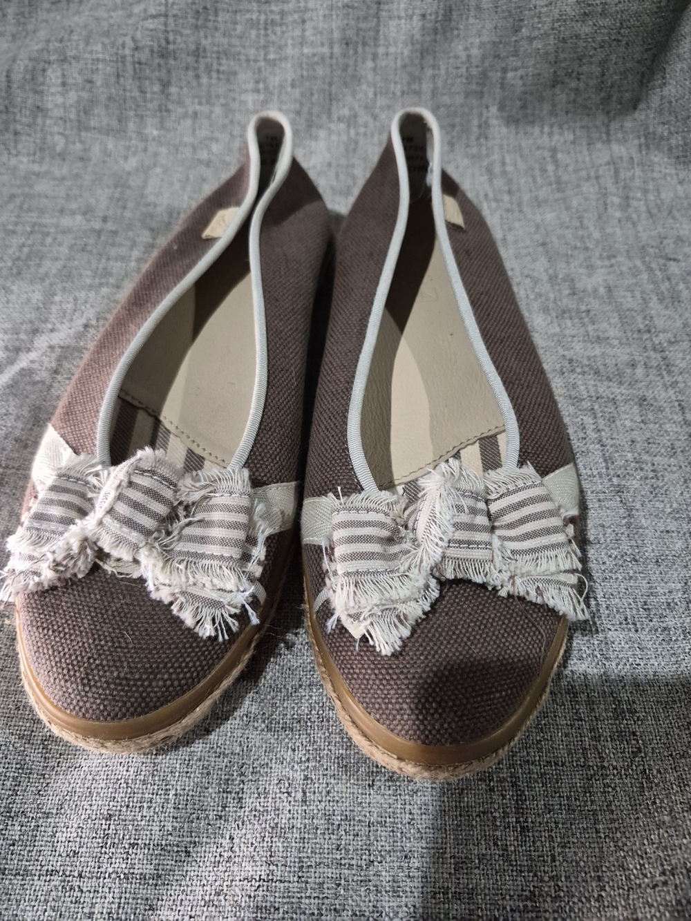 Sperry Brown Canvas Ballet Flats with Striped Frayed Bow